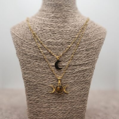 collier double lune doré en œil de tigre
