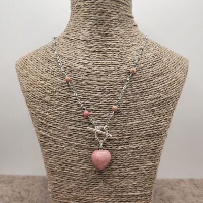 Collier petit cœur argenté Rhodonite