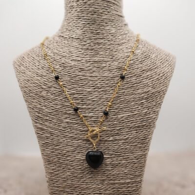 Collier petit cœur doré Agate noire
