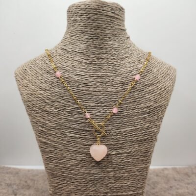 Collier petit cœur doré Quartz rose