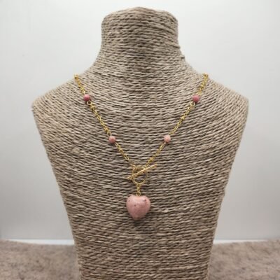 Collier petit cœur doré Rhodonite