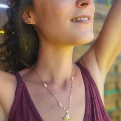 Collier feuillage en Quartz rose