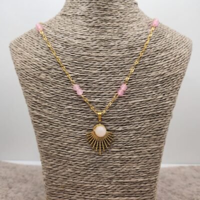 Collier feuillage Quartz rose