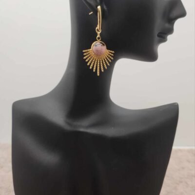 Boucle d'oreilles Feuillage dorée en Rhodonite