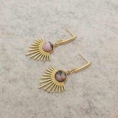 Boucle d’oreilles dorée feuillage Rhodonite Boucle d'oreilles Feuillage dorée en Rhodonite