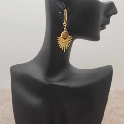 Boucle d'oreilles Feuillage dorée en Œil de tigre
