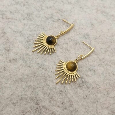 Boucle d’oreilles dorée feuillage Œil de tigre Boucle d'oreilles Feuillage dorée en Œil de tigre