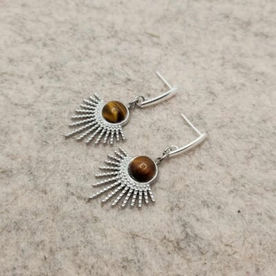 Boucle d'oreilles Feuillage argentée en Œil de tigre