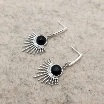 Boucle d'oreilles Feuillage argentée en Agate noire