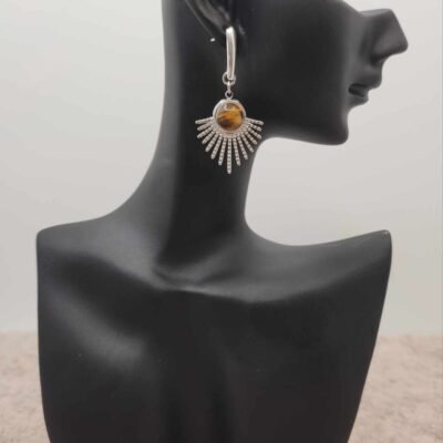 Boucle d'oreilles Feuillage argentée en Œil de tigre
