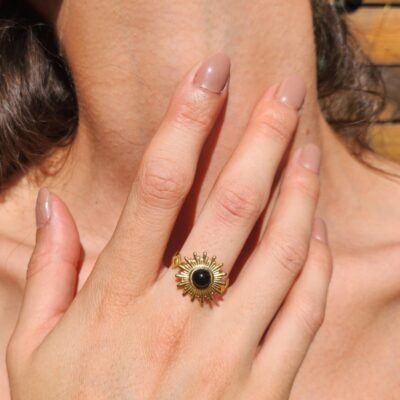 bague soleil en acier inoxydable et avec une Agate noire