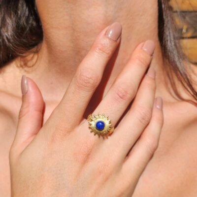 bague soleil en acier inoxydable et avec un Lapis lazuli