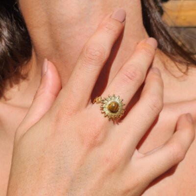 bague soleil en acier inoxydable et avec un Œil de tigre